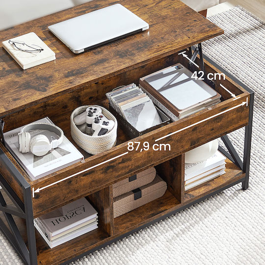 Rectangular Central Wooden Coffee Table with Lifting Mechanism Rustic Brown Black W100xD50xH49cm
