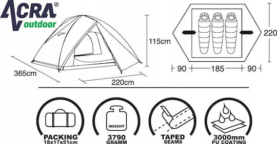 Acra Camping Tent Igloo Mountaineering Grey with Double Cloth 4 Seasons for 3 People Waterproof 3000mm 220x365x115cm