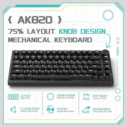 Ajazz AK820 Gaming Μηχανικό Πληκτρολόγιο 75% με Φωτιζόμενα πλήκτρα (Αγγλικό US)