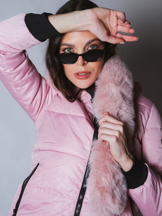 Women's Long Puffer Jacket Waterproof for Winter with Hood Pink