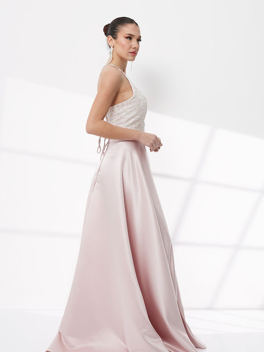 Rochie Maxi de Vară pentru Nuntă / Botez Satinată cu Dantelă Roz