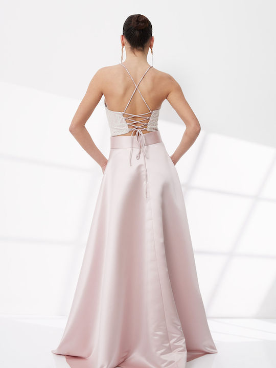 Rochie Maxi de Vară pentru Nuntă / Botez Satinată cu Dantelă Roz