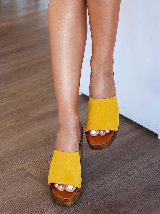 Suede Mules with Heel in Yellow Color