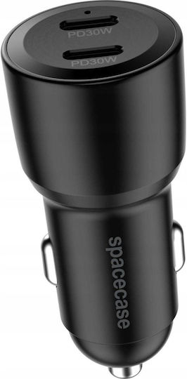 Spacecase Încărcător Auto 60W Încărcare Rapidă cu Porturi: 2xType-C Negru Culoare