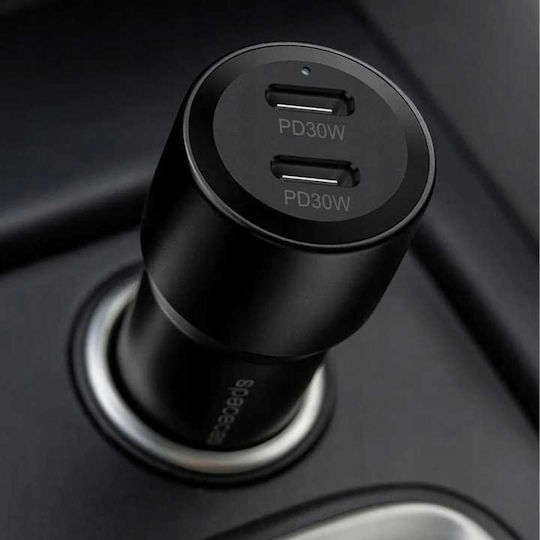 Spacecase Încărcător Auto 60W Încărcare Rapidă cu Porturi: 2xType-C Negru Culoare
