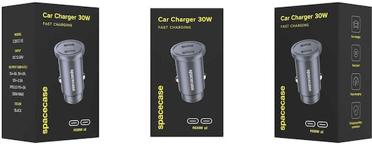 Spacecase Auto-Ladegerät 30W Schnellladung mit Anschlüssen: 2xType-C Schwarz Farbe