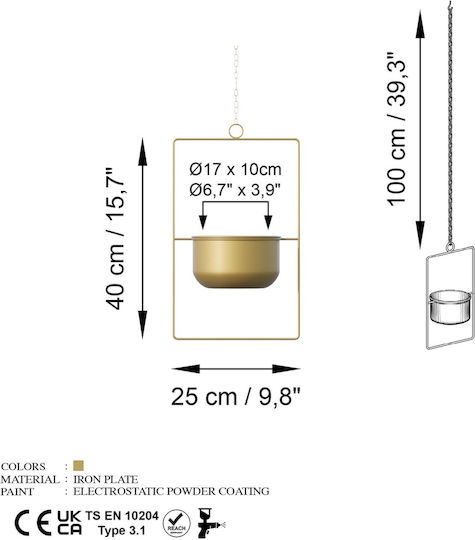 Aberto Design Висящи Саксия Металик Жълт 25x25x40εκ.