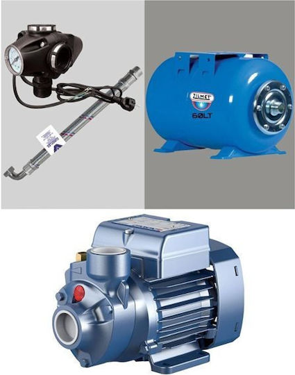 Pedrollo MONTAGE PKm 65 + Einphasig Wasserdruckpumpe mit Horizontal Behälter 60 Liter 0.75hp