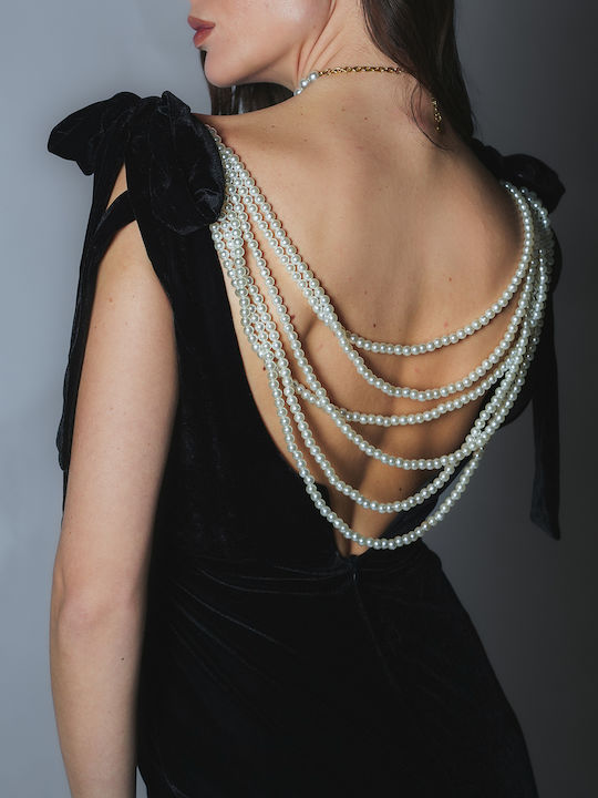 Maxi Evening Dress Velvet Draped with Ruffle Black