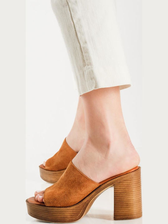 Suede Mules με Τακούνι σε Ταμπά Χρώμα