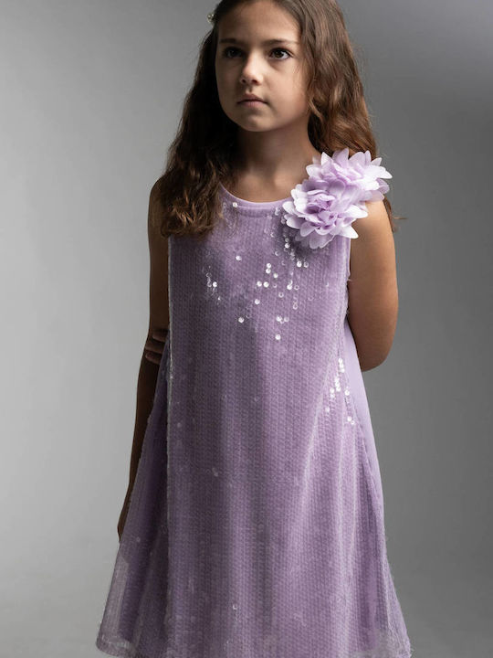 Girls Dress Sleeveless with Sequins Floral Lilac