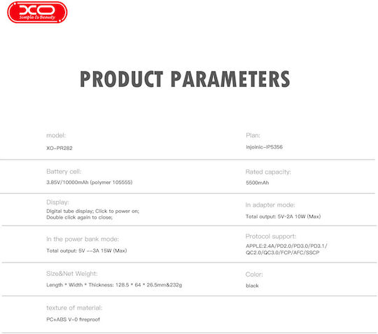 XO PR282 Power Bank 10000mAh 22.5W με Θύρα USB-A και Θύρα USB-C Μαύρο