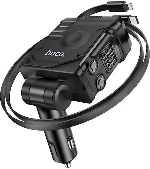 Hoco DZ23 Handy-Autoladegerät 45W 2.4A Schnellladen mit Anschlüssen 1xUSB-A 1xType-C mit Eingebettet Kabel Typ-C Lightning Schwarz Farbe