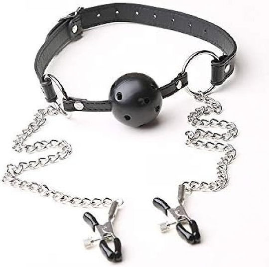 Smd Broken Will Silicone Breathable Ball Gag Chained Nipple Clamps Bdsm Set Φίμωτρο Σφιγκτήρες Θηλών Black