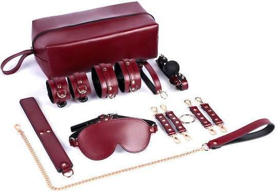 Smd House Discipline Luxury Bdsm Set Collar & Leash Wrist Ankle Cuffs Ball-gag Blindfold + Storage Bag Burgundy