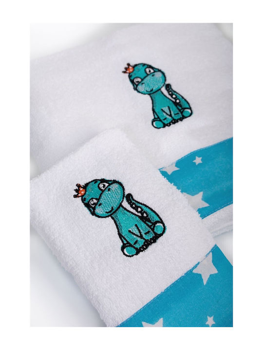 Dimcol Σετ Βρεφικές Πετσέτες 2τμχ Dinosaur White-sky Blue Βάρους 400gr/m²