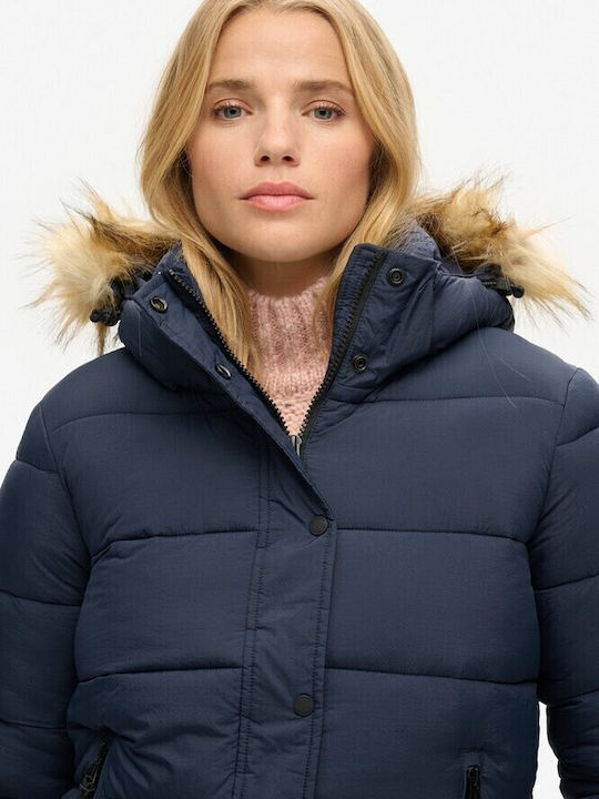 Short Women's Puffer Jacket for Winter Navy Blue