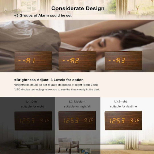 Uncle George Wooden Digital LED Table Clock with Alarm Brown 01.06.04-0005-BRWN (Various Colors)
