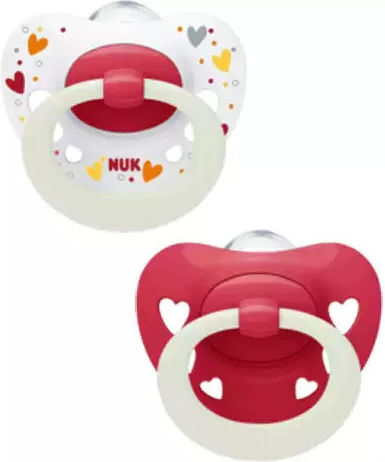 Nuk Signature Orthodontic Pacifiers Silicone Night with Case white - red for 18-36 months 2pcs