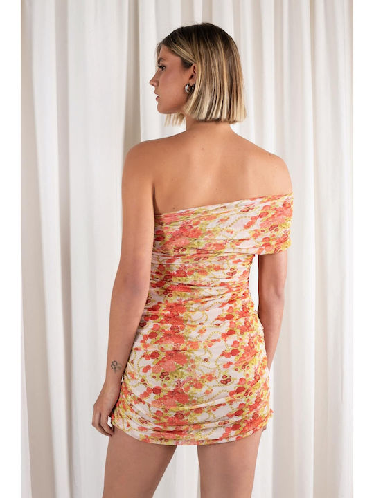 Καλοκαιρινό Mini Βραδινό Φόρεμα Strapless με Τούλι & Διαφάνεια Peach