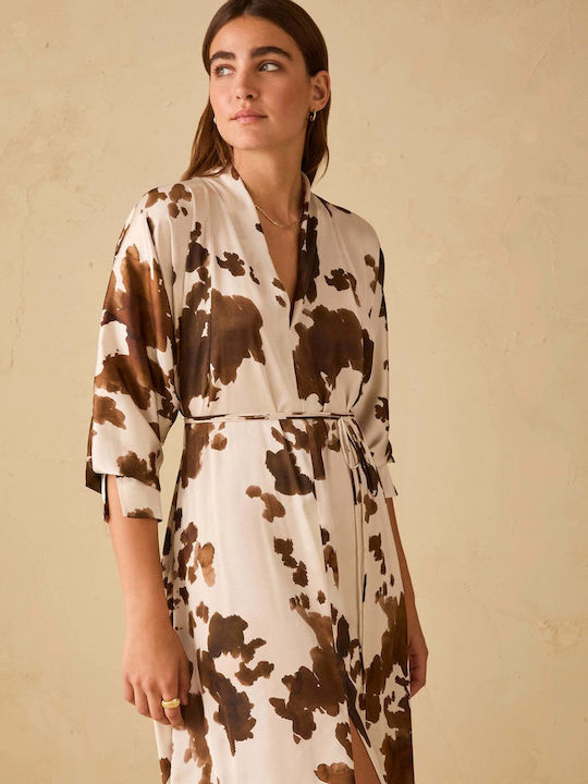 Midi Shirt Dress Satin Ecru/Brown
