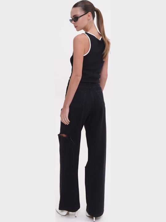 High Waist Women's Jean Trousers with Rips Black