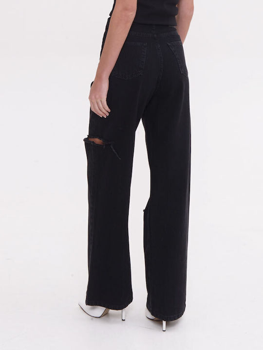 High Waist Women's Jean Trousers with Rips Black