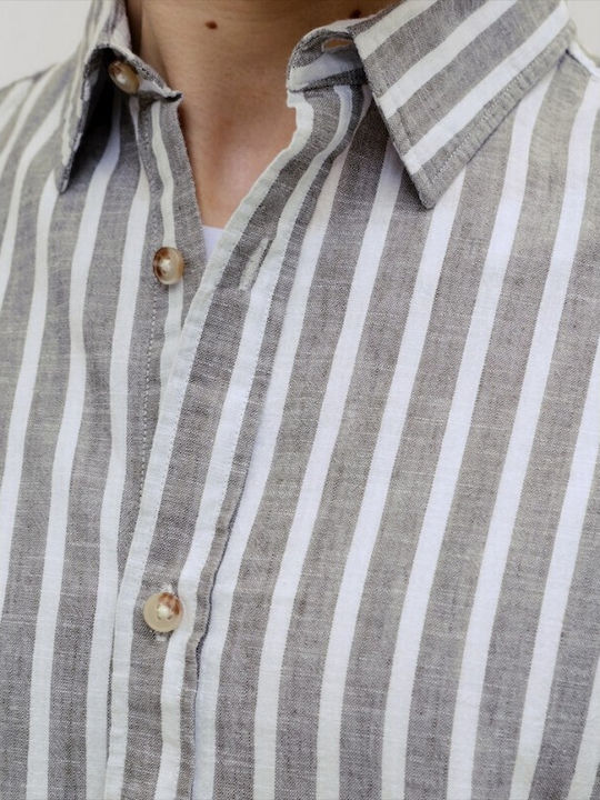 Long-sleeved Linen Shirt Striped Gray