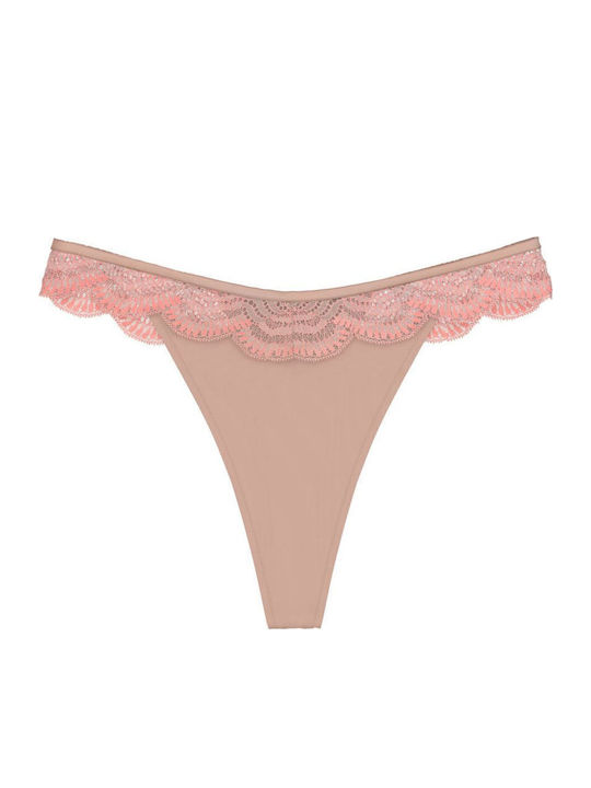 High-waisted Women's String with Lace Salmon