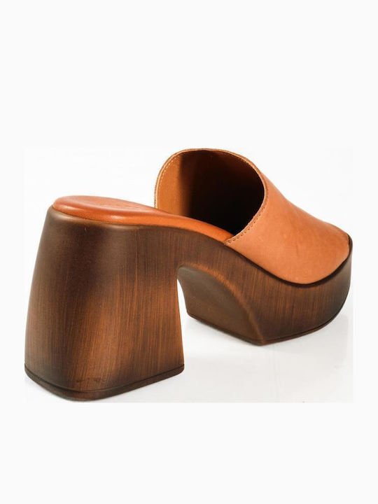 Mules with Chunky Heel in Tabac Brown Color