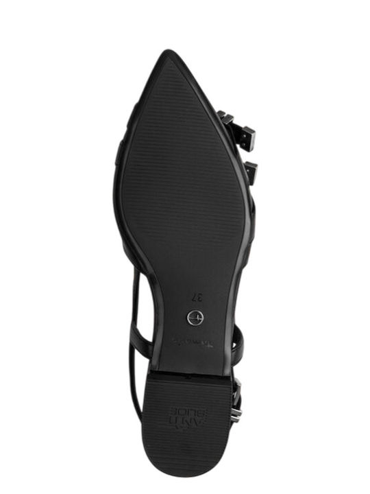 Leder Spitze Zehen Pumps mit Riemen & Dünnem Flachen Absatz Schwarz