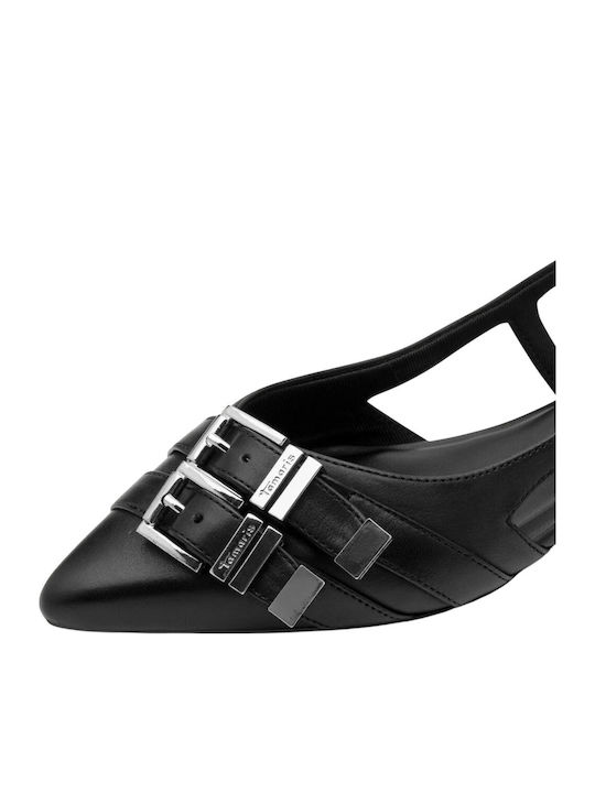 Leder Spitze Zehen Pumps mit Riemen & Dünnem Flachen Absatz Schwarz