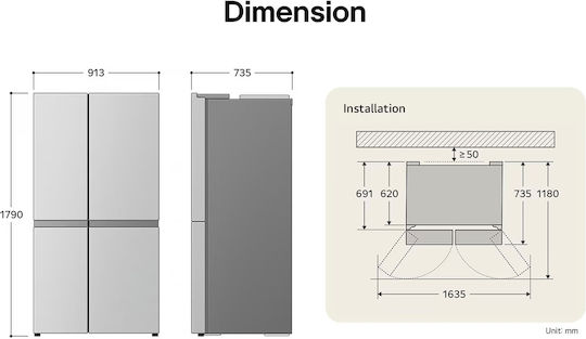 LG Ψυγείο Ντουλάπα 635lt Total NoFrost Υ179xΠ91.3xΒ73.5εκ. Inox GSXV80PZLE
