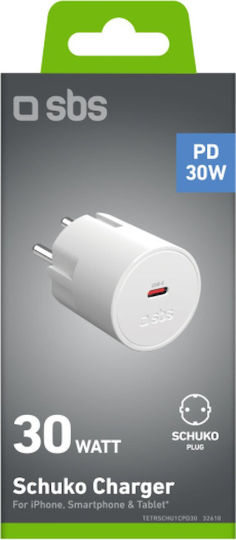 SBS Φορτιστής Χωρίς Καλώδιο με Θύρα USB-C 30W Power Delivery Λευκός (Schuko)