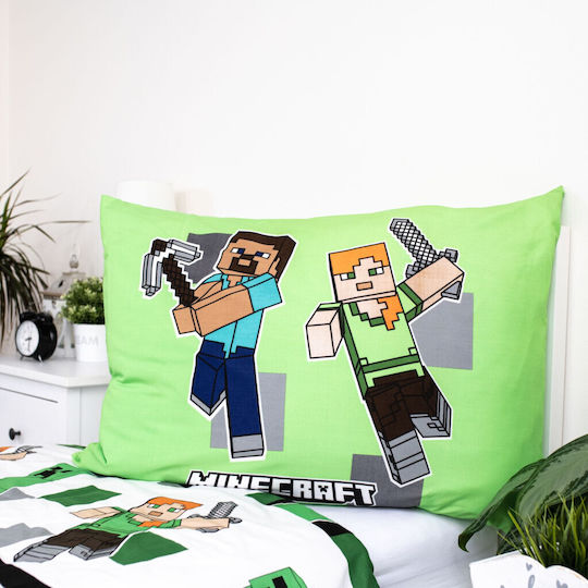 Minecraft Комплект Детска Завивка Единична с Калъфка Зелен 140x200см