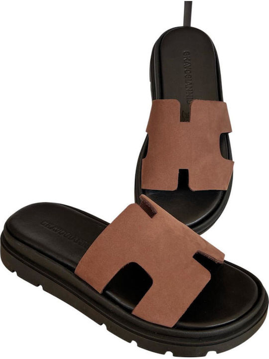 Leather Women's Flat Sandals Flatforms in Brown Color