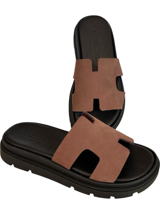 Leather Women's Flat Sandals Flatforms in Brown Color