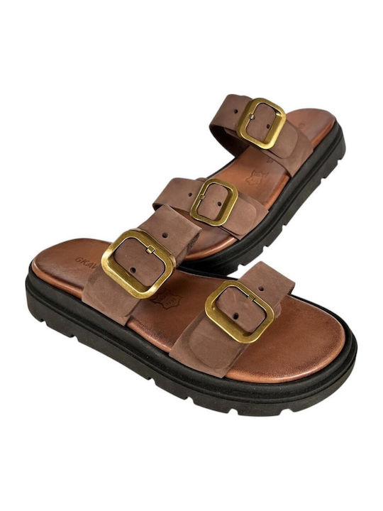 Leather Women's Flat Sandals Flatforms in Tabac Brown Color