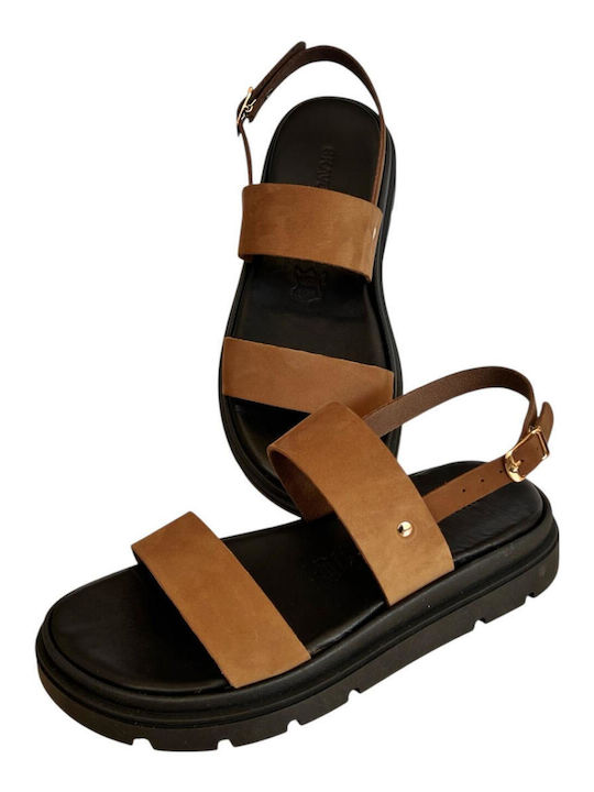 Leather Women's Flat Sandals Flatforms in Tabac Brown Color
