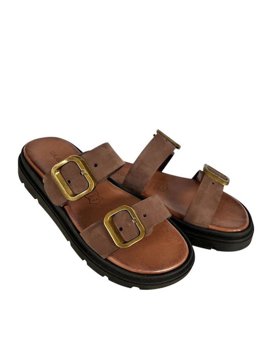 Leather Women's Flat Sandals Flatforms in Tabac Brown Color