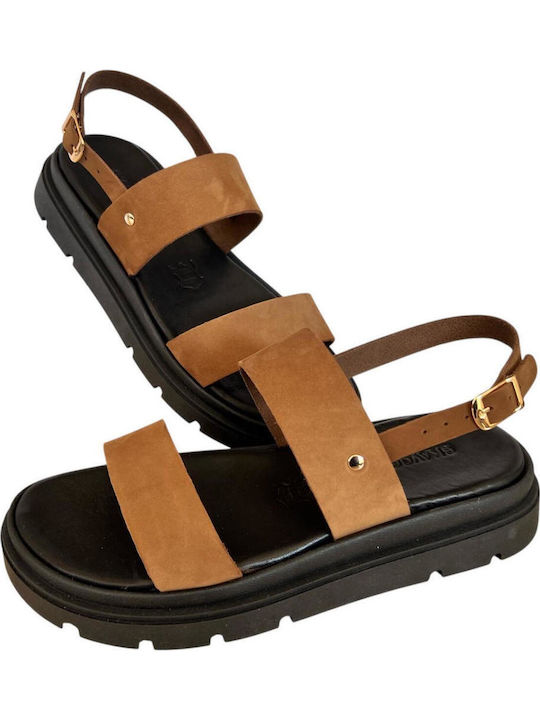 Leather Women's Flat Sandals Flatforms in Tabac Brown Color