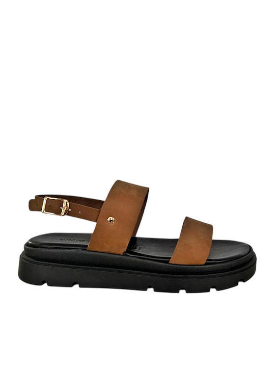 Leather Women's Flat Sandals Flatforms in Tabac Brown Color