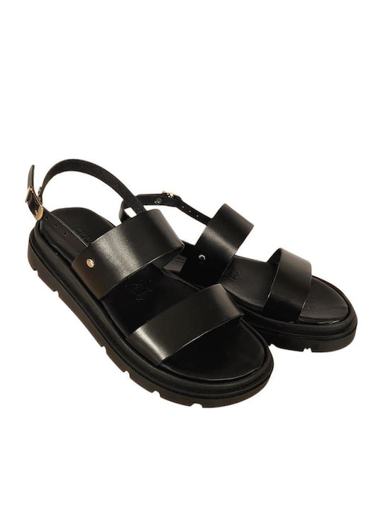 Leather Women's Flat Sandals Flatforms in Black Color
