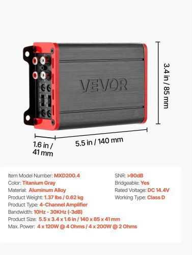 Vevor Car Audio Amplifier 4-channel Bridgeable Car Amplifier Multichannel Class D Stereo Amp Max 4 X 120w At 4 Ohms 4 X 200w At 2 Ohms High Output Suvs Pickups Off-road Vehicles