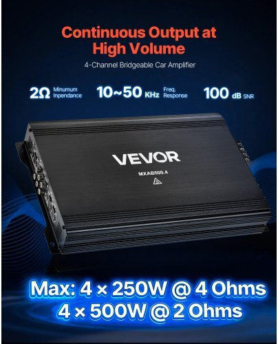 Vevor Car Audio Amplifier 4-channel Bridgeable Car Amplifier Multichannel Class Ab Stereo Amp Max 4 X 250w At 4 Ohms 4 X 500w At 2 Ohms High Output Suvs Pickups Off-road Vehicles