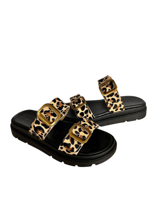 Leather Women's Flat Sandals Flatforms in Brown Color