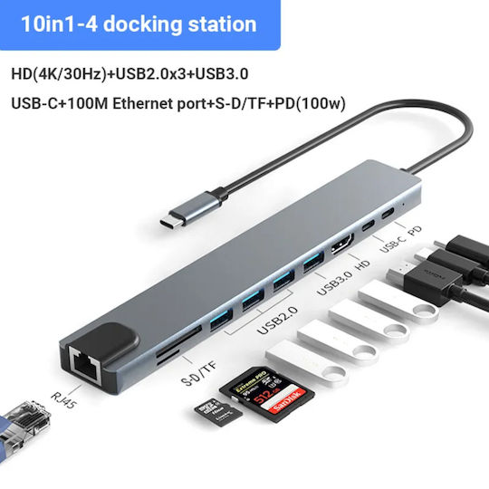 Luvlu Stație de andocare USB-C cu HDMI 4K PD Ethernet Gri