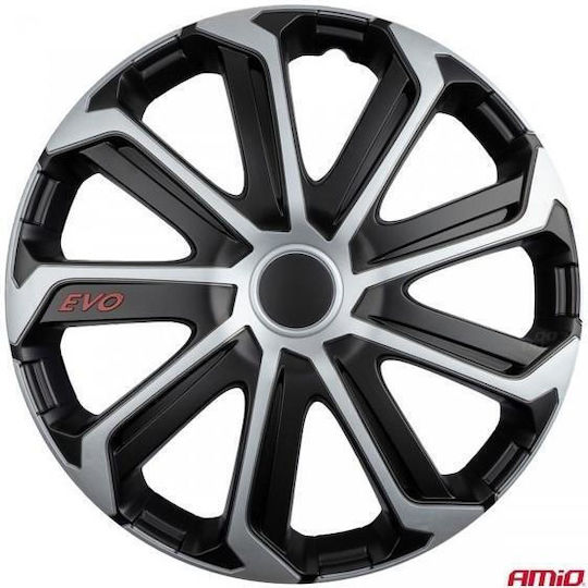 Amio Set Wheel Hubcaps 15 Inches Model Evo Black Silver Set 4 Pieces Box 9757/am