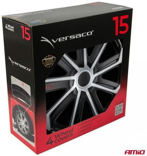 Amio Set Wheel Hubcaps 15 Inches Model Evo Black Silver Set 4 Pieces Box 9757/am