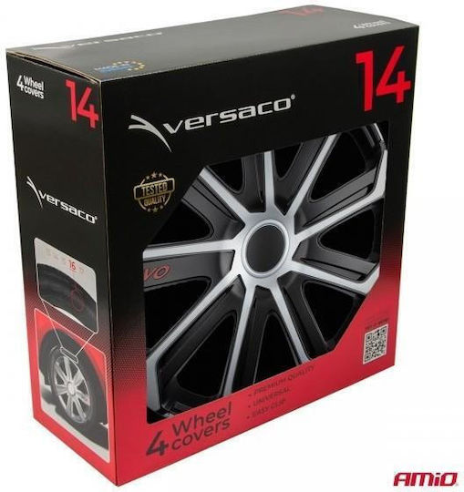 Amio Set Wheel Hubcaps 14 Inches Model Evo Black Silver Set 4 Pieces Box 9740/am